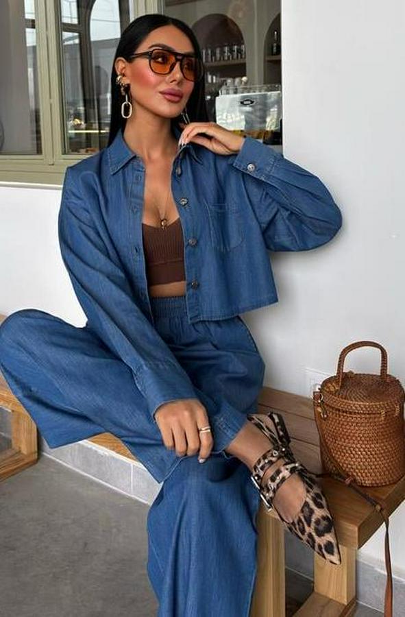 Denim Gömlek Plazzo Pantolon Takım 10163-08