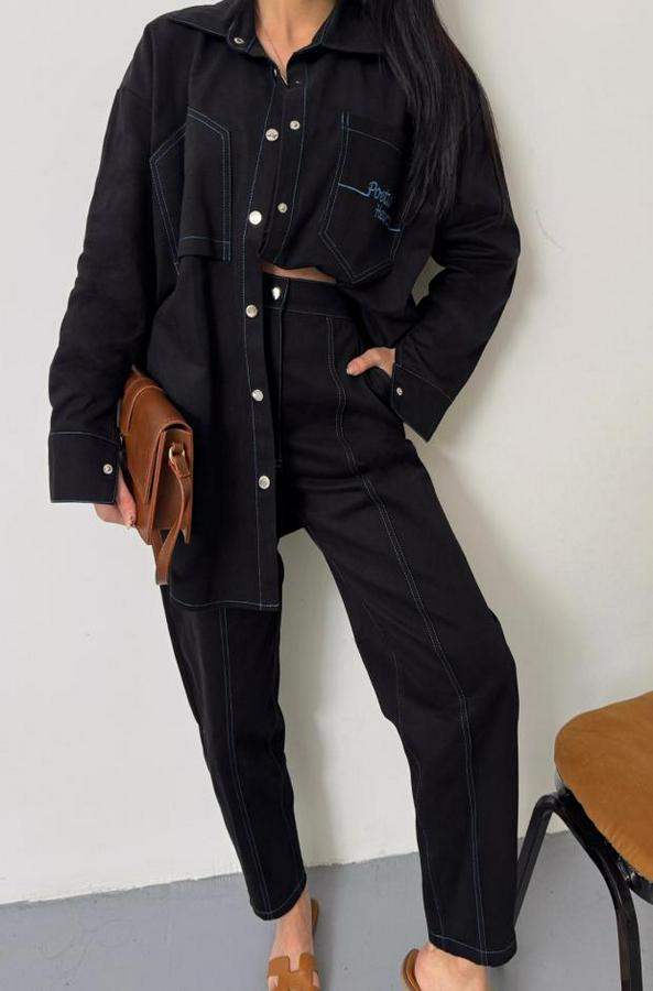 Denim Puntolu Gömlek-Pantolon Takim