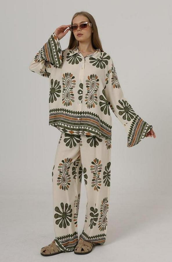 Desenli Kolları Volanlı Pantolon Takım