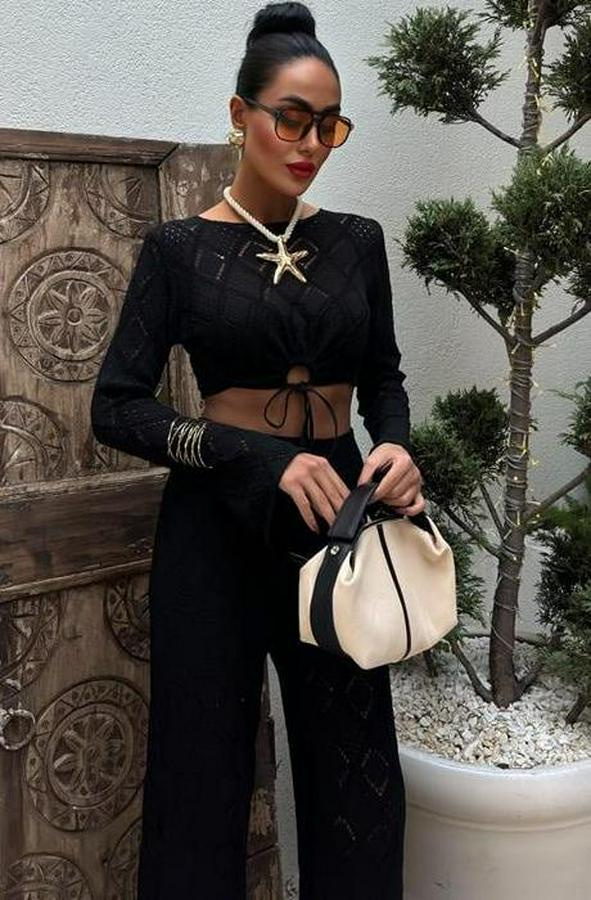 Göğüs Bağcık Detaylı Ajurlu Bluz Pantolon Takım 10098