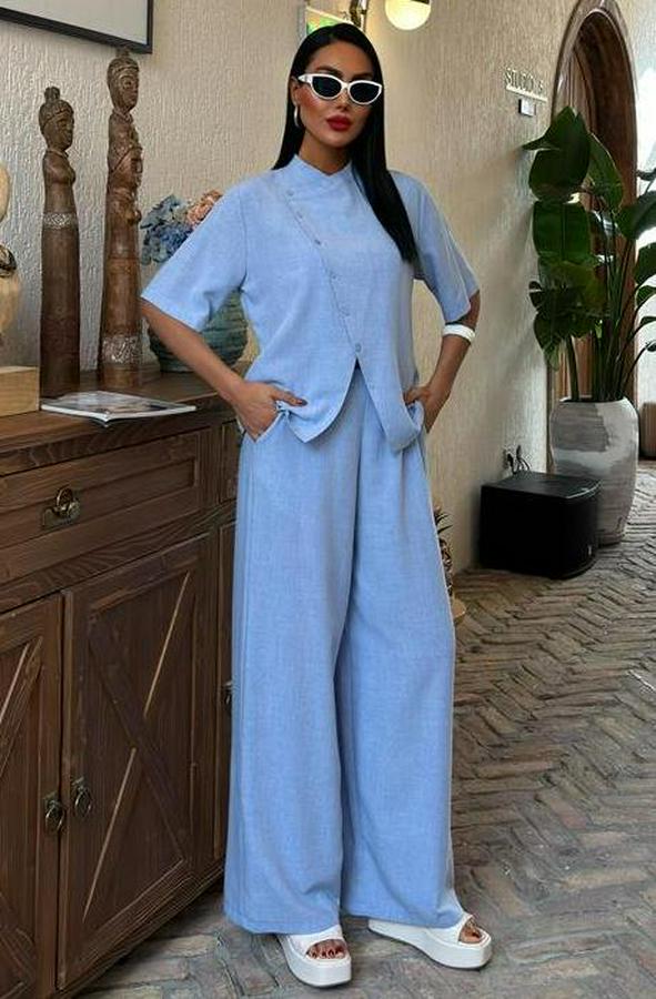Hakim Yaka Çapraz Düğmeli Plazzo Pantolon Viscon Keten Takım 10091