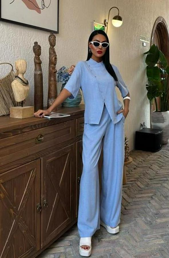 Hakim Yaka Çapraz Düğmeli Plazzo Pantolon Viscon Keten Takım 10091