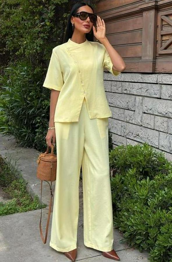 Hakim Yaka Çapraz Düğmeli Plazzo Pantolon Viscon Keten Takım