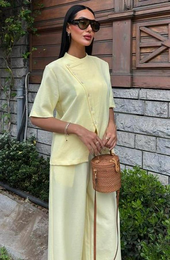 Hakim Yaka Çapraz Düğmeli Plazzo Pantolon Viscon Keten Takım