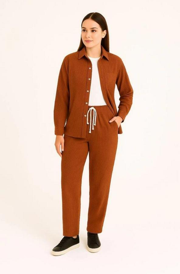 Kadife Oversize Takım – Gömlek Ve Pantolon Ikili Set Füme Corduroy Şıklığı, Rahat Ve Zarif Duruş Yumuşak Dokulu Kadife Kumaş, Düğmeli Gömlek Üst Ve La