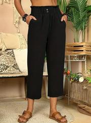 Bel Büzgü Ve Düğme Detay Kapri Keten Pantolon