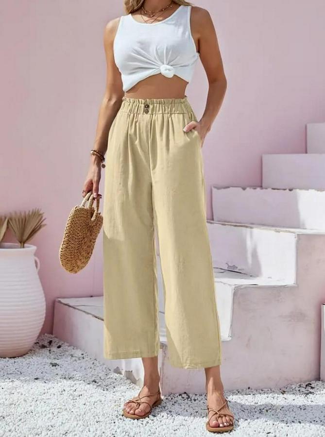 Bel Büzgü Ve Düğme Detay Kapri Keten Pantolon