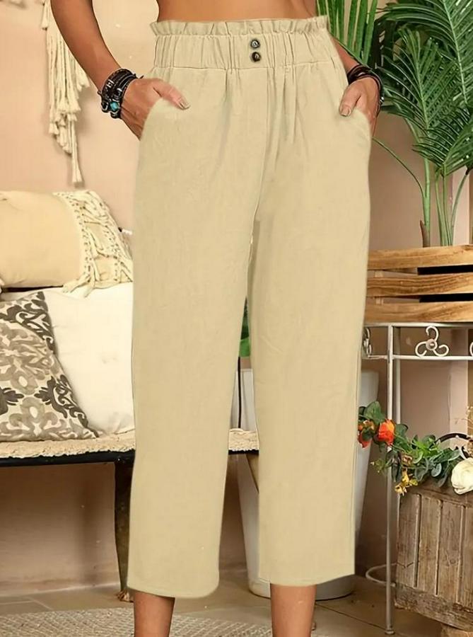 Bel Büzgü Ve Düğme Detay Kapri Keten Pantolon