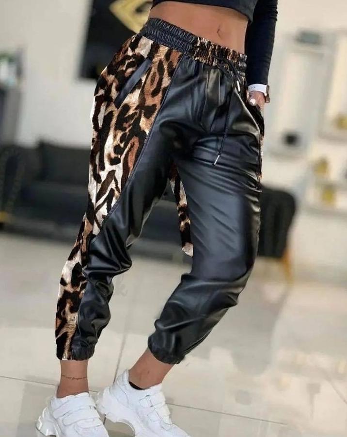 Bel Ve Paça Lastikli Detay Yanları Leopar Detay Bağcıklı Deri Pantolon