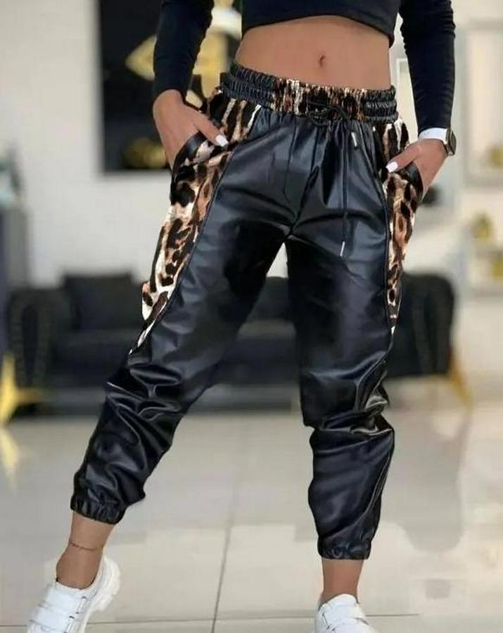 Bel Ve Paça Lastikli Detay Yanları Leopar Detay Bağcıklı Deri Pantolon