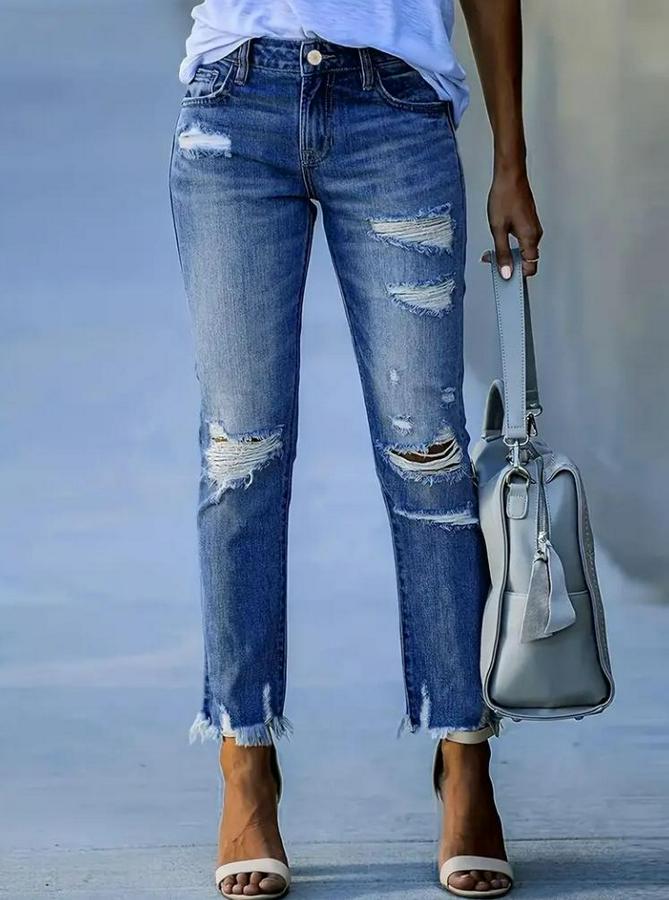 Dar Kesim Cepli Önden Yırtık Desenli Denim Pantolon