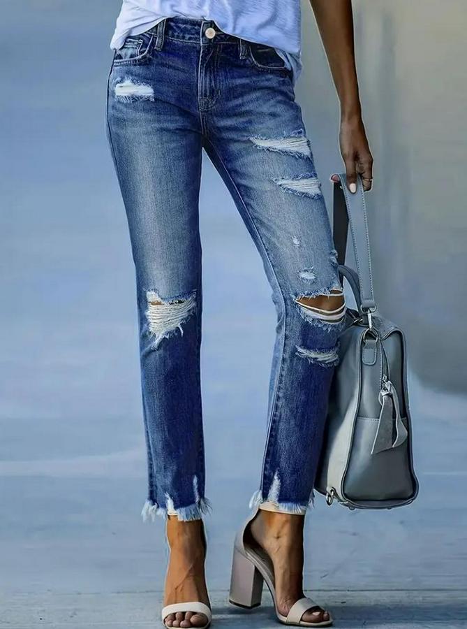 Dar Kesim Cepli Önden Yırtık Desenli Denim Pantolon