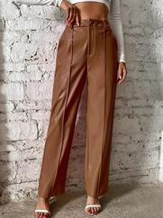 Önden Fermuarlı Cepli Geniş Kesim Lame Deri Pantolon