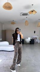 Saten Kumaş Leopar Desenli Pantolon