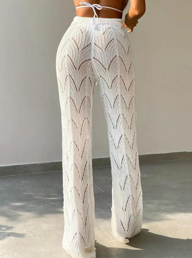 Yüksek Bel Bağcıklı Desenli Triko Plaj Pantolon