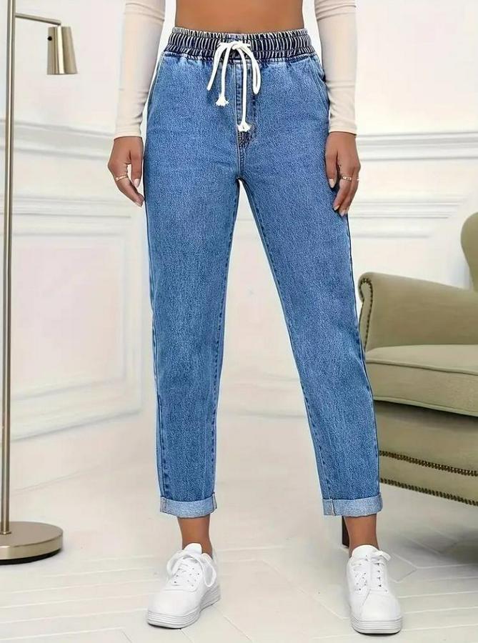 Yüksek Bel Bağcıklı Kot Pantolon