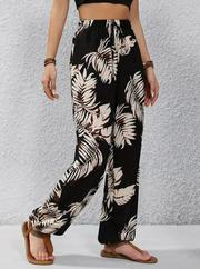 Yüksek Bel Bağcıklı Yaprak Desenli Süprem Pantolon