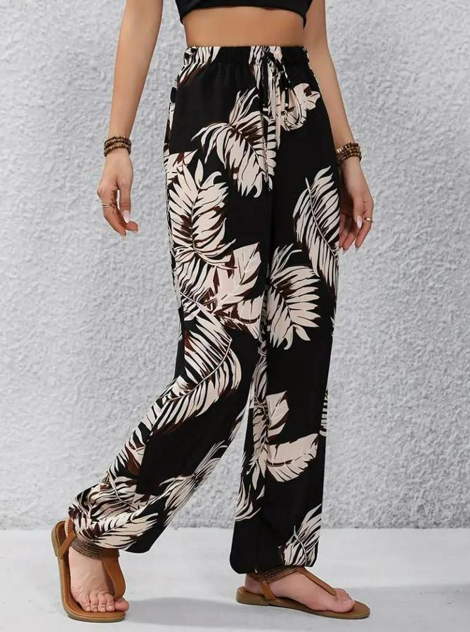 Yüksek Bel Bağcıklı Yaprak Desenli Süprem Pantolon