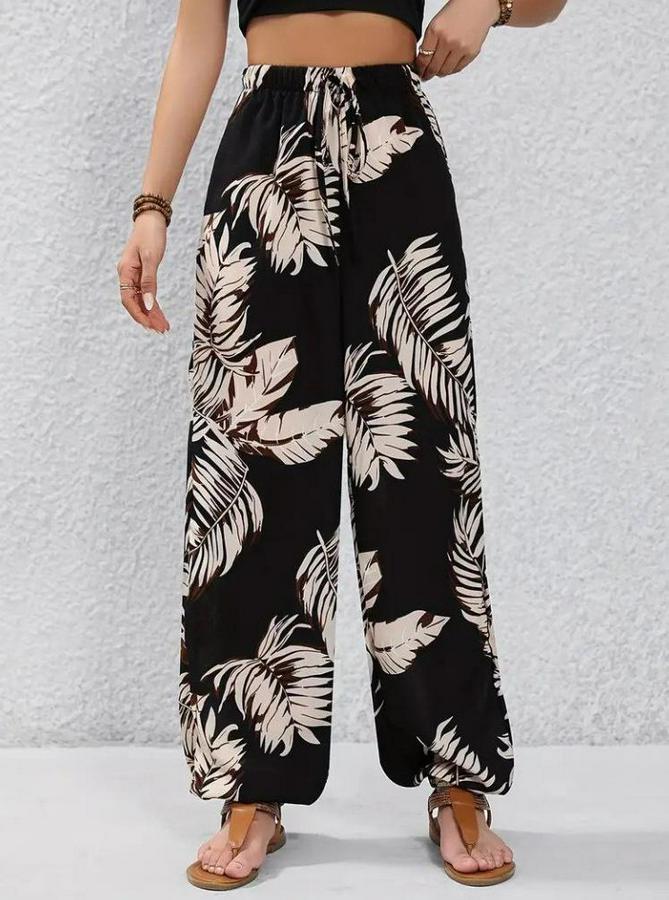 Yüksek Bel Bağcıklı Yaprak Desenli Süprem Pantolon