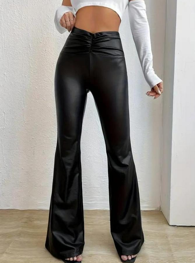 Yüksek Bel Beli Büzgülü Paçaya Doğru Geniş Deri Pantolon