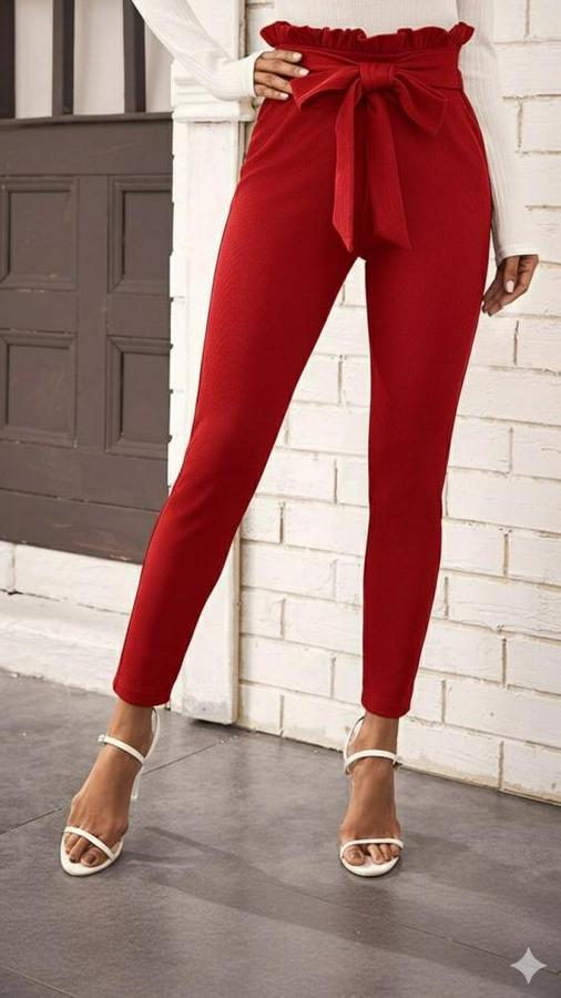 Yüksek Bel Beli Fırfırlı Önden Bağlamalı Ithal Krep Pantolon