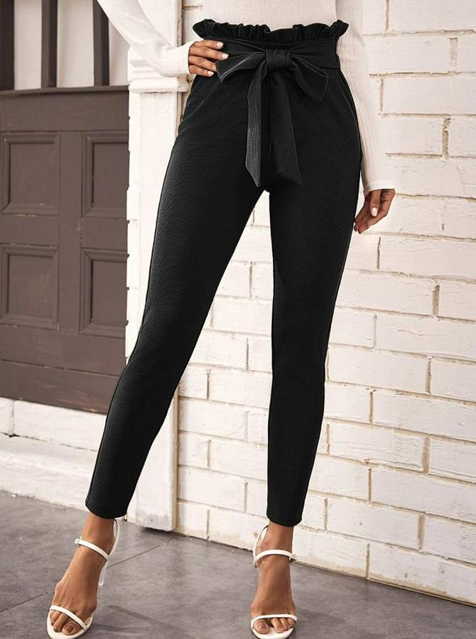 Yüksek Bel Beli Fırfırlı Önden Bağlamalı Ithal Krep Pantolon