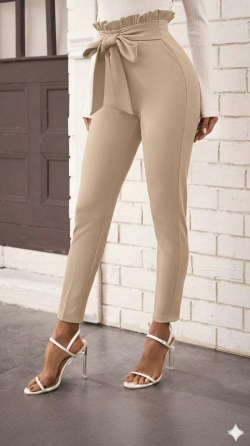 Yüksek Bel Beli Fırfırlı Önden Bağlamalı Ithal Krep Pantolon