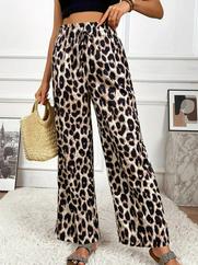 Yüksek Bel Beli Lastikli Bağcıklı Leopar Desenli Süprem Pantolon