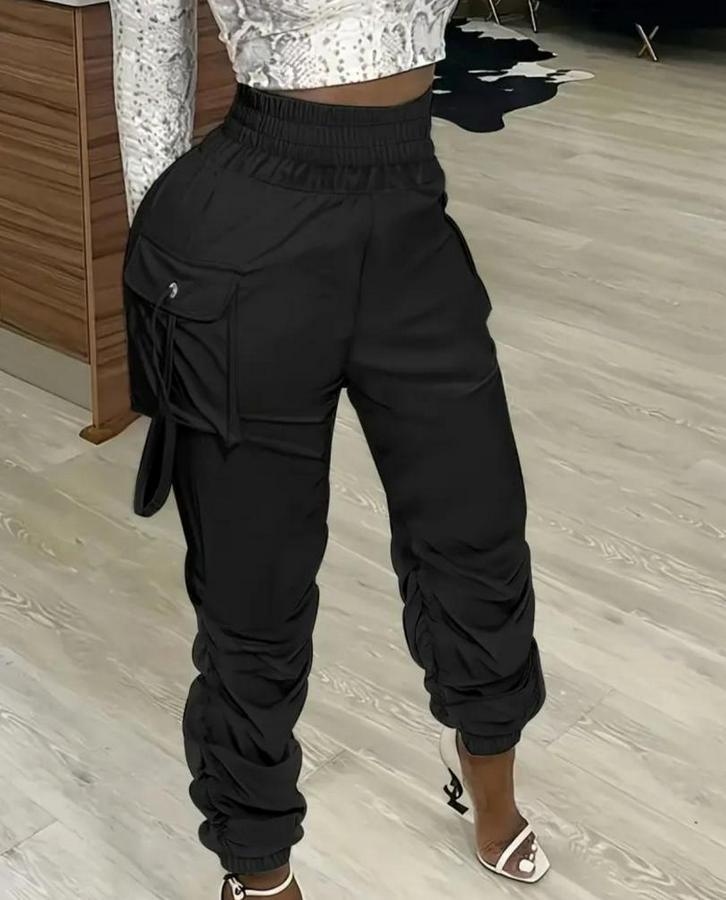 Yüksek Bel Beli Lastikli Kargo Cep Detaylı Gabardin Pantolon