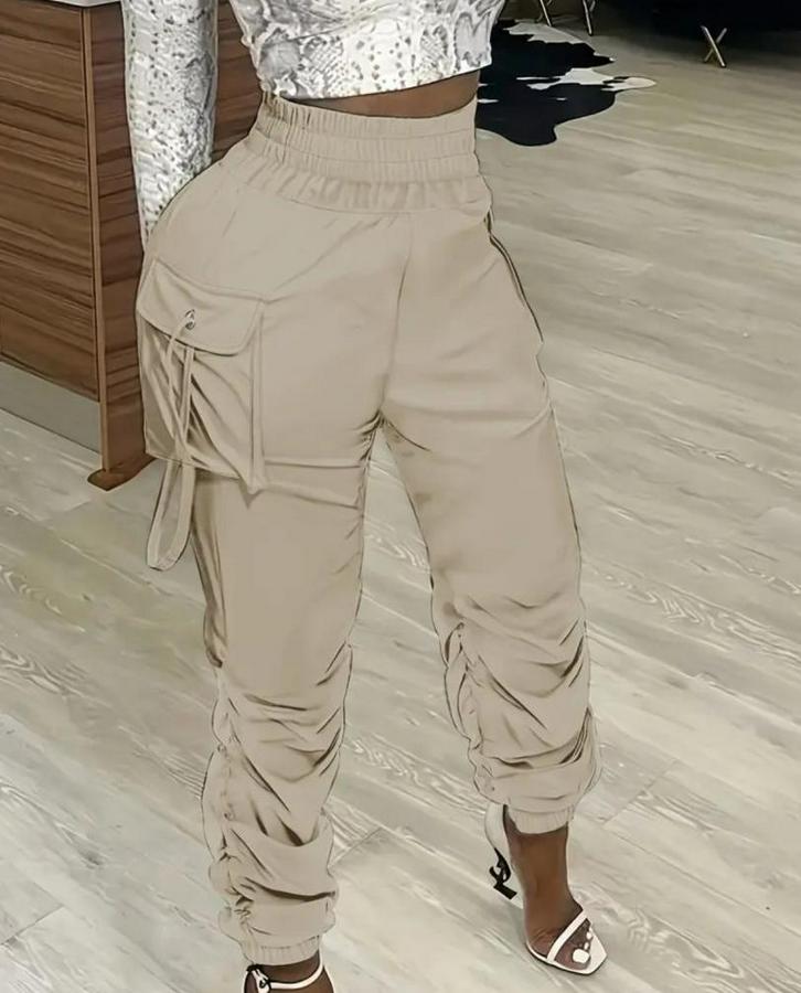 Yüksek Bel Beli Lastikli Kargo Cep Detaylı Gabardin Pantolon