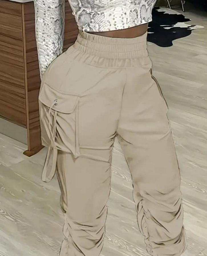 Yüksek Bel Beli Lastikli Kargo Cep Detaylı Gabardin Pantolon