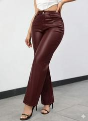 Yüksek Bel Cepli Deri Pantolon