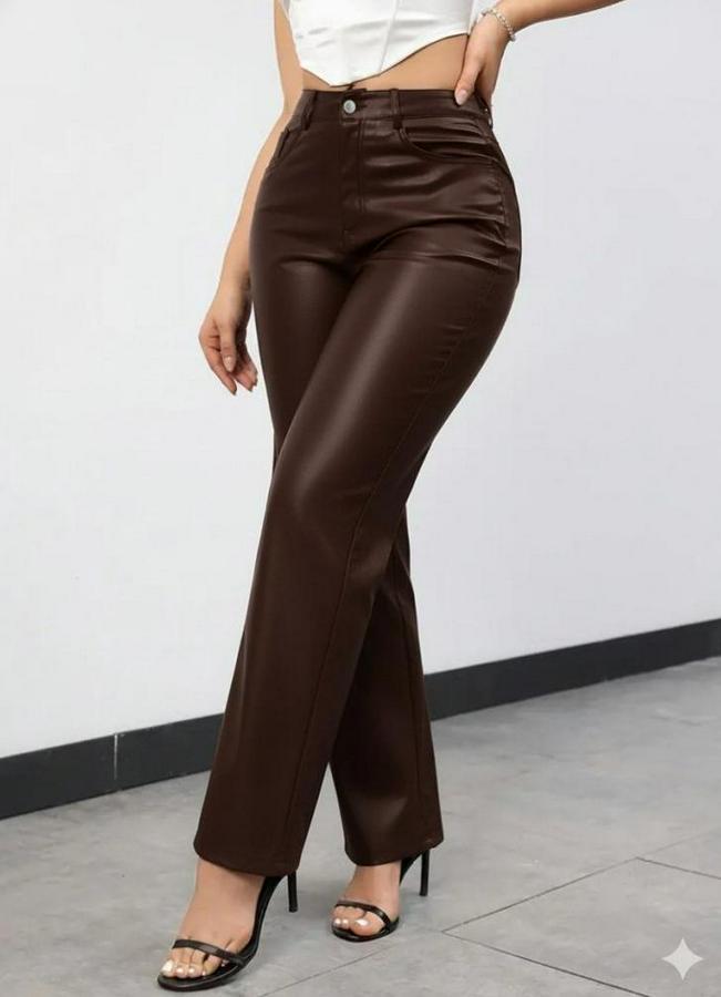 Yüksek Bel Cepli Deri Pantolon