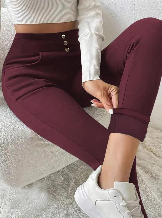 Yüksek Bel Cepli Düğmeli Şardonlu Dalgıç Tayt Pantolon