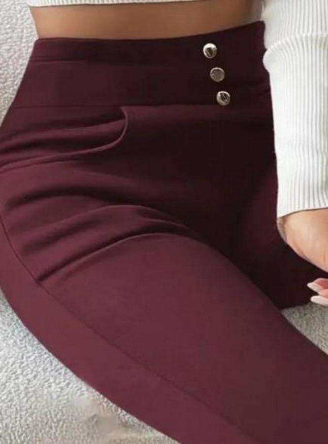 Yüksek Bel Cepli Düğmeli Şardonlu Dalgıç Tayt Pantolon
