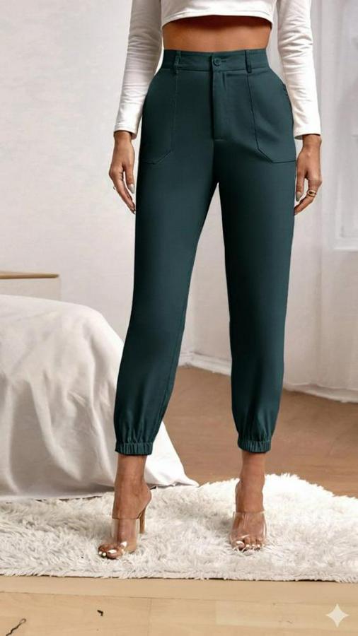 Yüksek Bel Cepli Paçası Lastikli Ithal Krep Pantolon