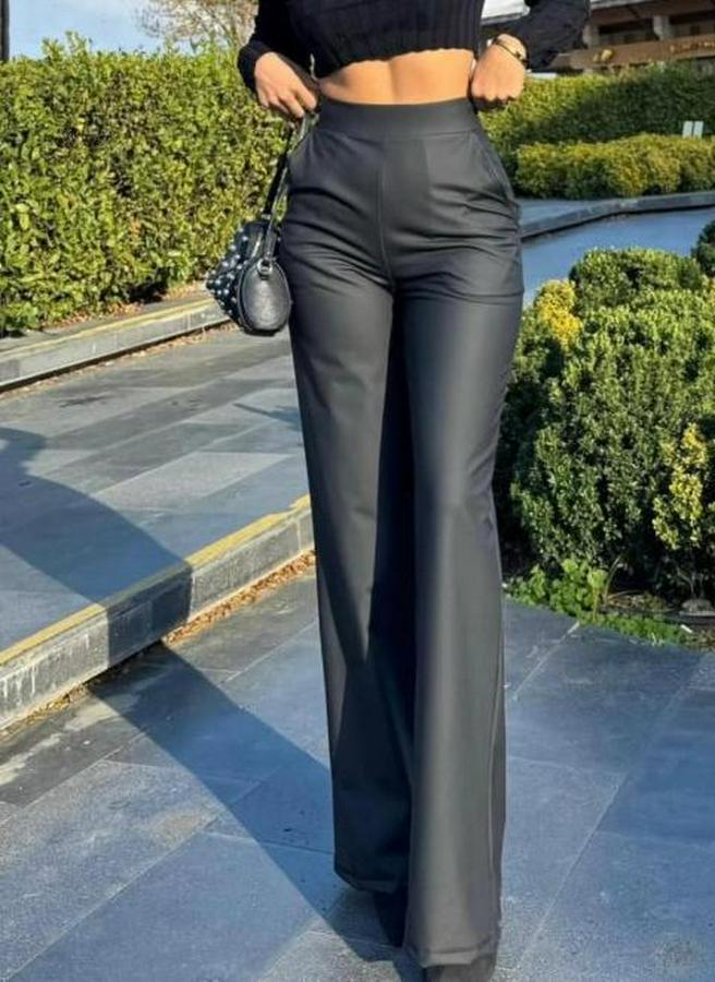 Yüksek Bel Cepli Şardonlu Geniş Paçalı Mat Deri Pantolon