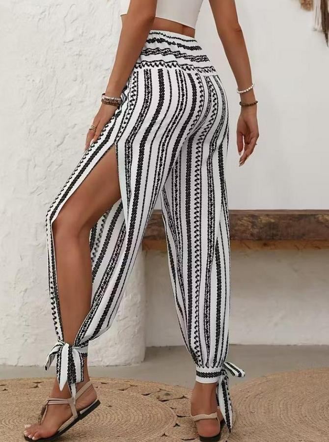 Yüksek Bel Desenli Paçadan Bağlamalı Yanları Yırtmaçlı Süprem Pantolon