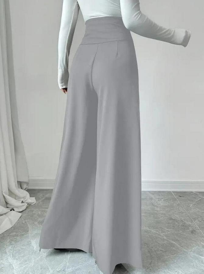 Yüksek Bel Düğmeli Geniş Paçalı Ithal Krep Pantolon