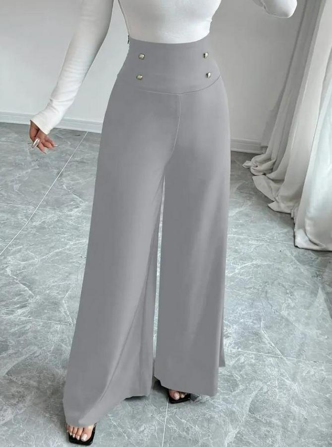 Yüksek Bel Düğmeli Geniş Paçalı Ithal Krep Pantolon