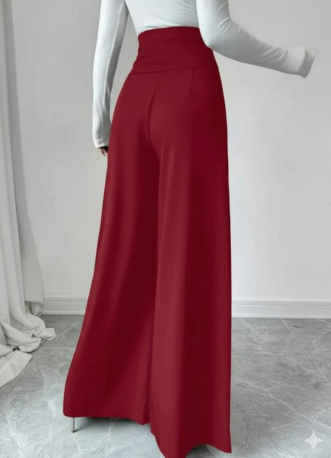 Yüksek Bel Düğmeli Geniş Paçalı Ithal Krep Pantolon