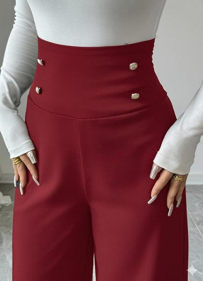 Yüksek Bel Düğmeli Geniş Paçalı Ithal Krep Pantolon