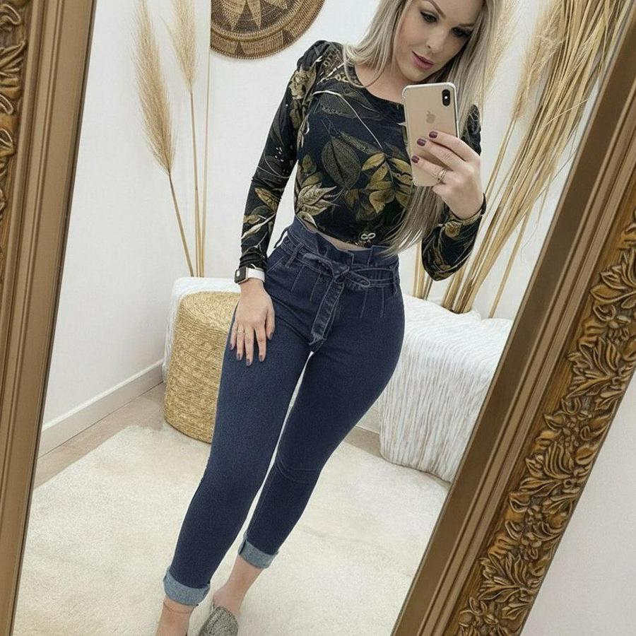 Yüksek Bel Düğmeli Yırtık Kot Pantolon