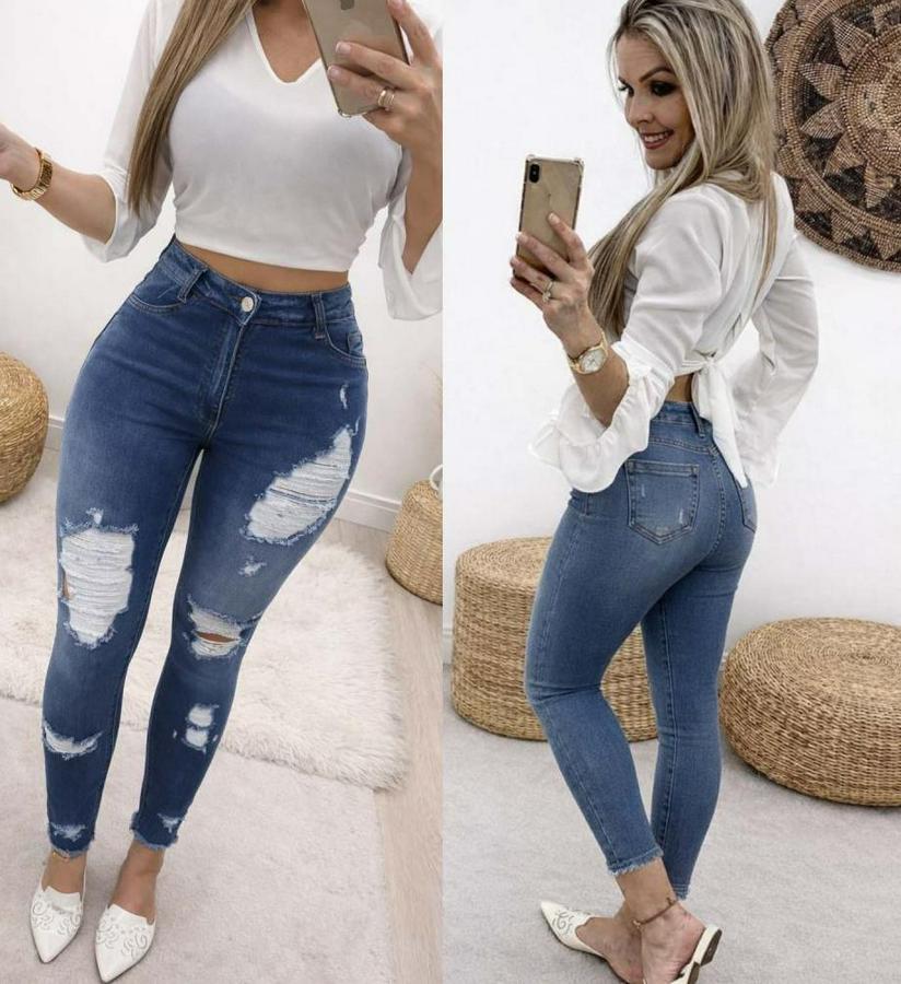 Yüksek Bel Düğmeli Yırtık Kot Pantolon