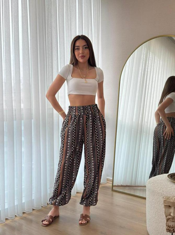 Yüksek Bel Etnik Desenli Geniş Dökümlü Bürümcük Pantolon