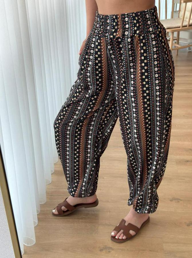 Yüksek Bel Etnik Desenli Geniş Dökümlü Bürümcük Pantolon