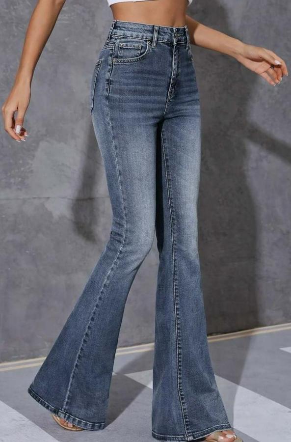 Yüksek Bel Fermuarlı Ispanyol Paçalı Kot Pantolon