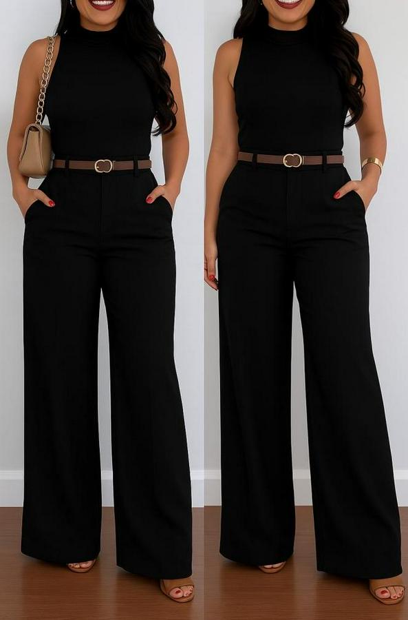 Yüksek Bel Geniş Paça Detaylı Cepli Ithal Krep Pantolon