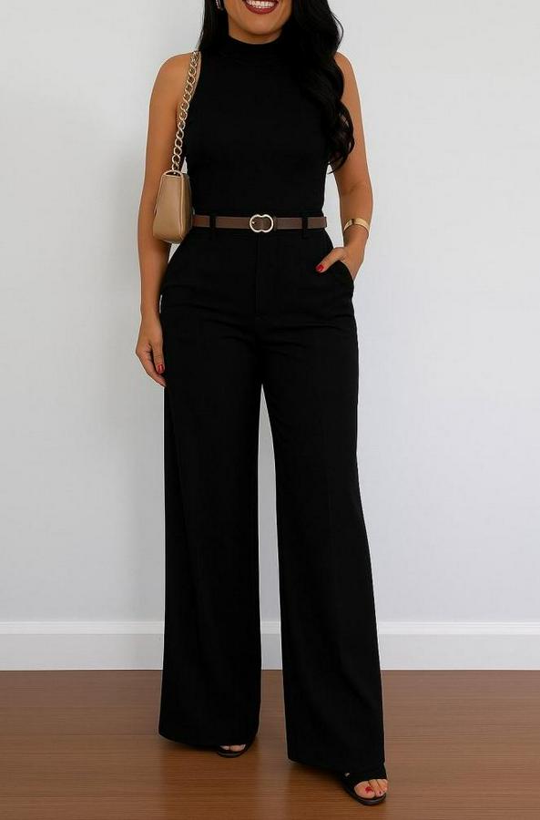 Yüksek Bel Geniş Paça Detaylı Cepli Ithal Krep Pantolon