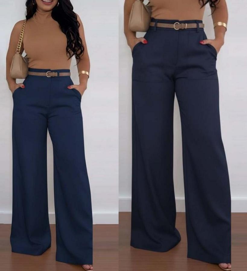 Yüksek Bel Geniş Paça Detaylı Cepli Ithal Krep Pantolon